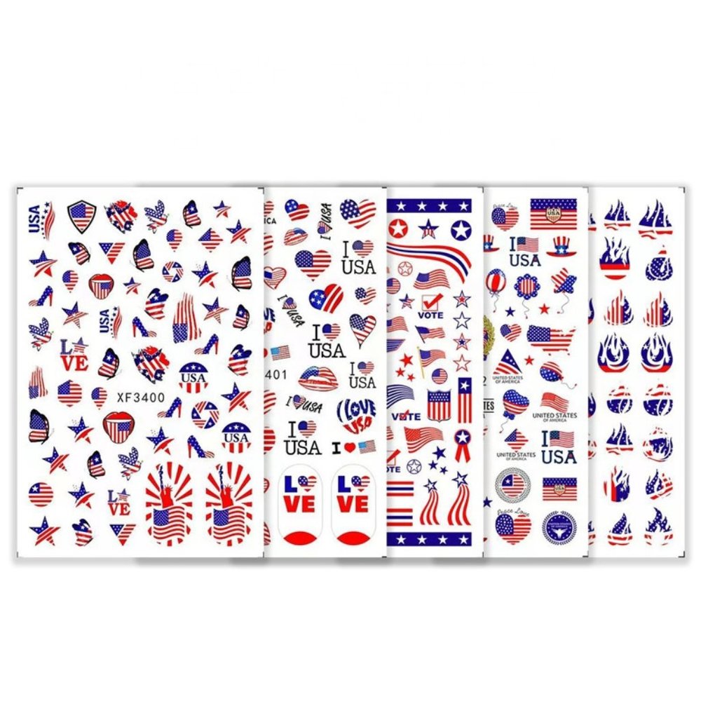 American Flag Star Heart LOVE USA 4th of July Butterfly Number 3D Nail Sticker